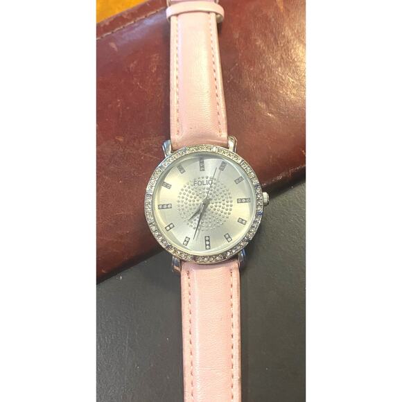 Women's 37mm silver Tone Folio Watch, Pale Pink Band, Crystal Accents - Picture 1 of 3